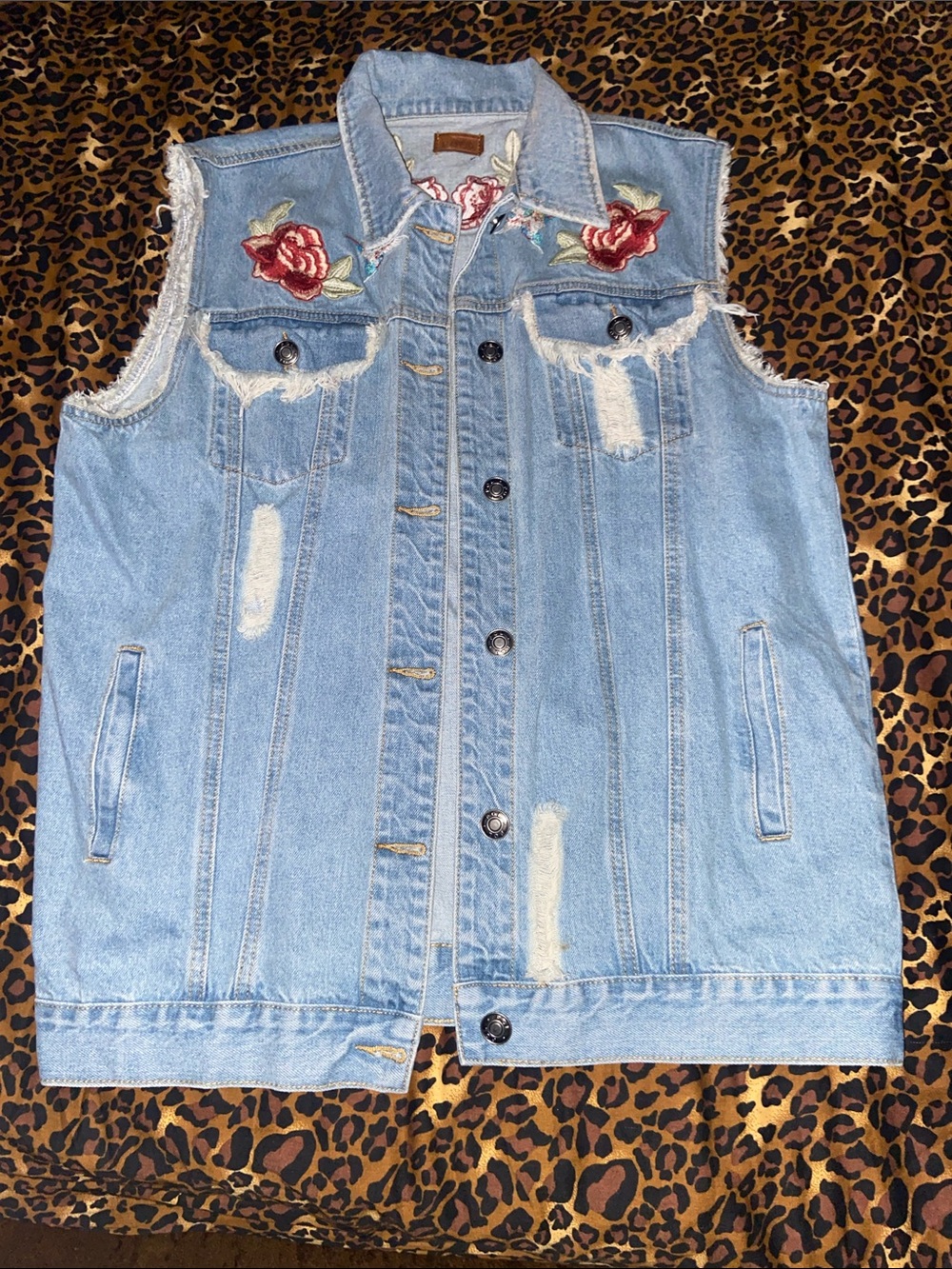 POL Light Blue Distressed Denim Vest with Red Rose Embroidery